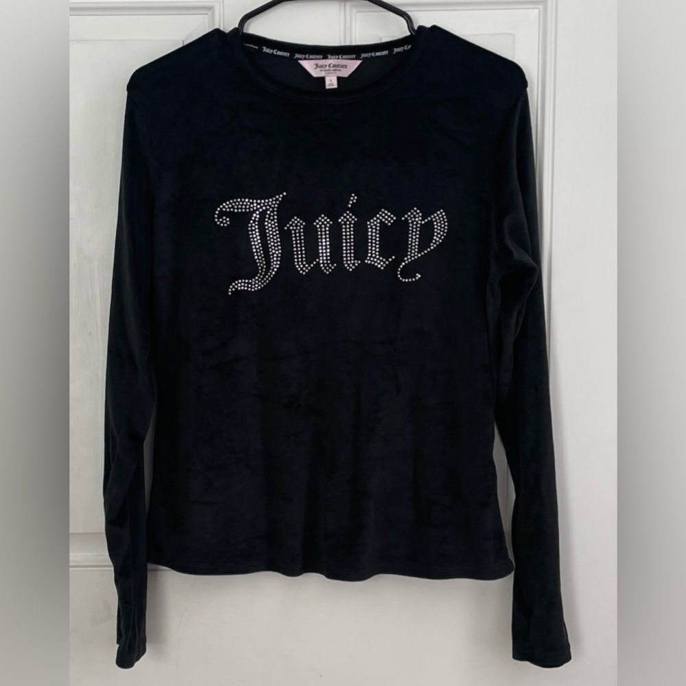 Juicy Couture Black Velour Long Sleeve Top with Rhinestone Logo Size Large